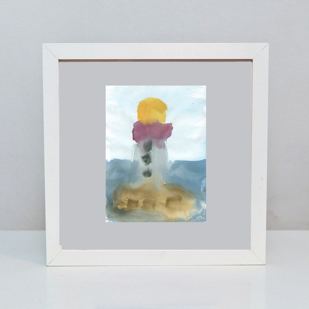 Lighthouse Abstract Watercolor Beach Art Print Lighthouse Mid Seas Seascape Grey Blue Yellow Burgundy Beach Lover