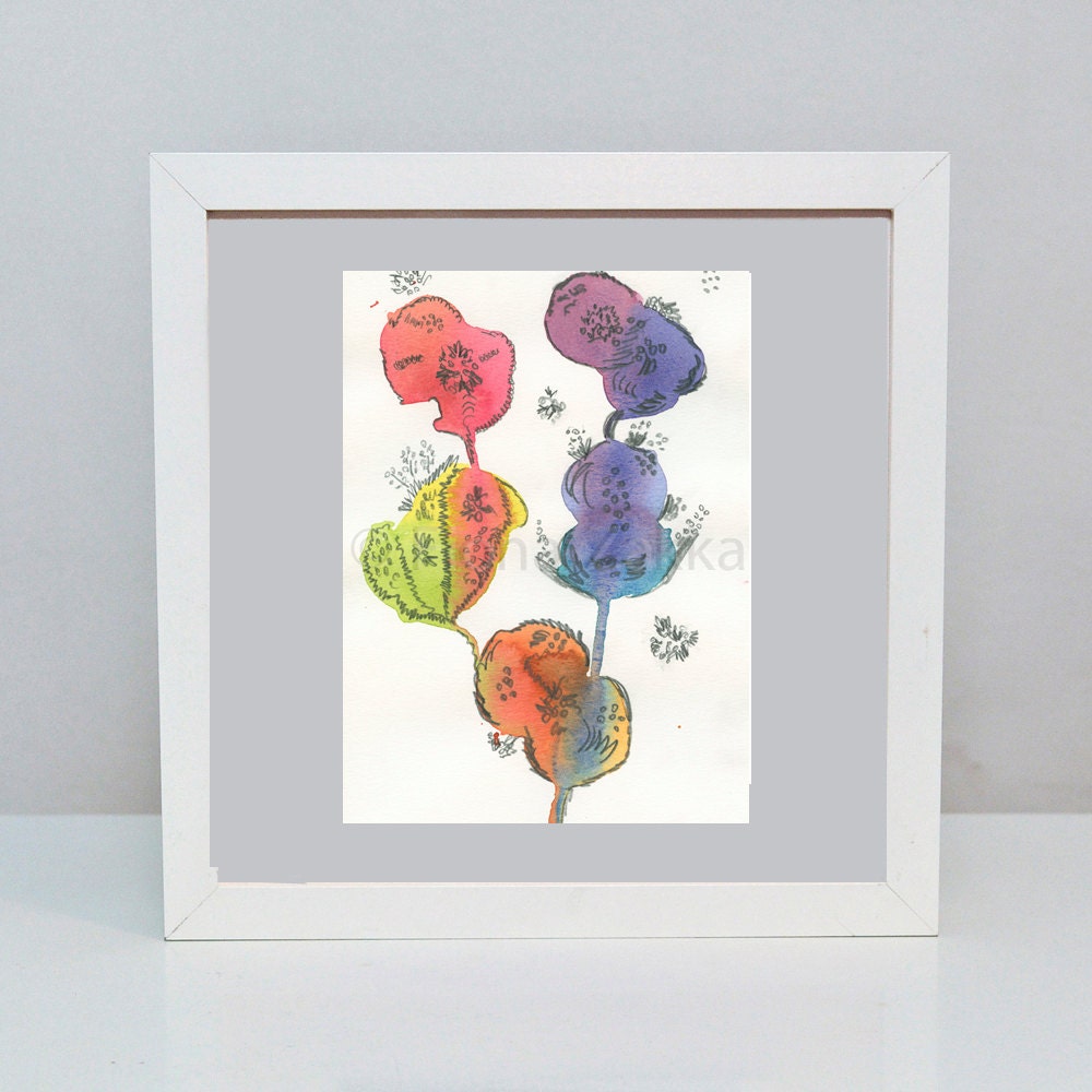 Flower Watercolor Original Painting Modern Art Rainbow Colored Flowers Abstract Painting Purple Orange Yellow Blue Red Green