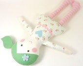girl rag doll , bottle green hair , eco toy , waldorf doll ,  pony tail doll , cotton fabric wool felt , Camille for kids
