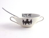 Altered  Bat Cereal Bowl Bite Me Soup Mug  Vintage Redesigned  Porcelain White Funny Fun Spooky Goth Halloween