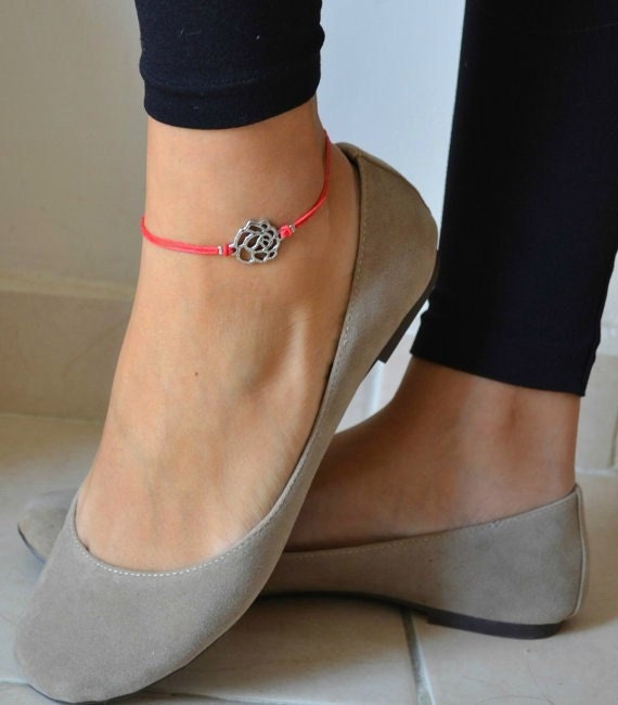 Rose anklet, cord anklet with a silver plated rose charm, bright pink cord ankle bracelet, gift for her, beach accessory, minimalist jewelry