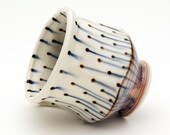 Handmade Porcelain Mug with Blue, Runny Dots, and Red Spiral