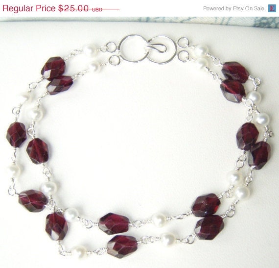 25% OFF Garnet & pearl bracelet, sterling silver jewelry OOAK