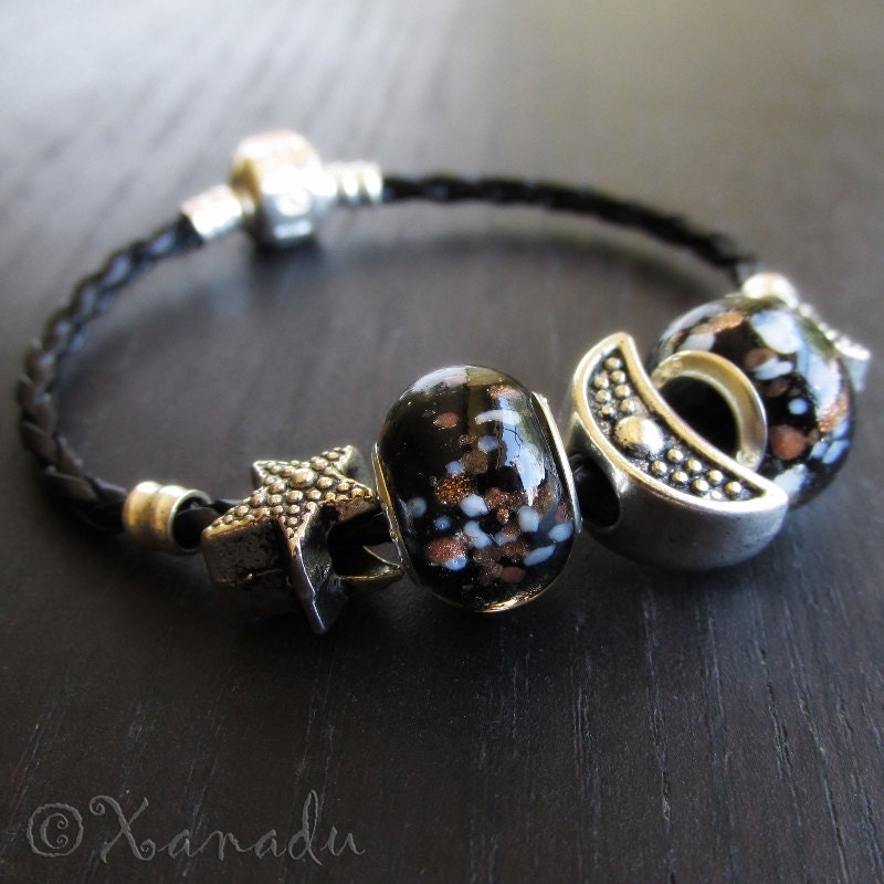 Moon And Stars Celestial European Charm Bracelet - Black, Gold, Silver Lampwork Glass Beads With Moon, Star Charms on Black Leather Bracelet