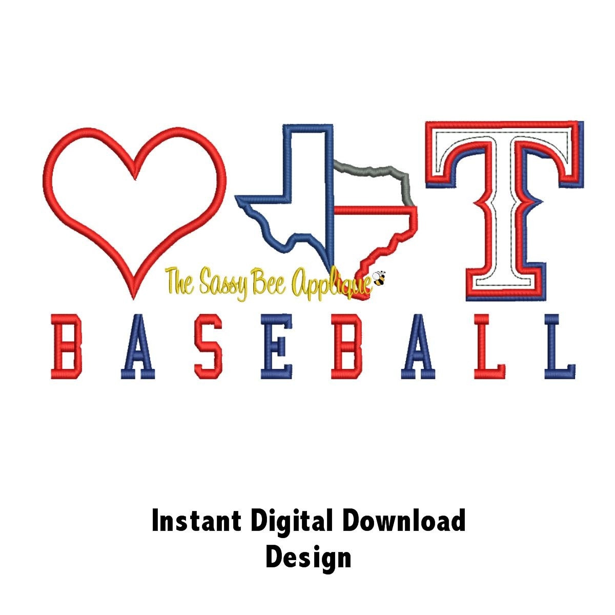 DD Love  TEXAS RANGERS Baseball Applique - Machine Embroidery Design - 9x7 or 10x6 Hoop - Instant Download