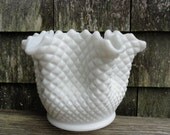 Vintage Fenton Milk Glass White Hobnail Ruffle Edge Footed Bowl Wedding Party Centerpiece