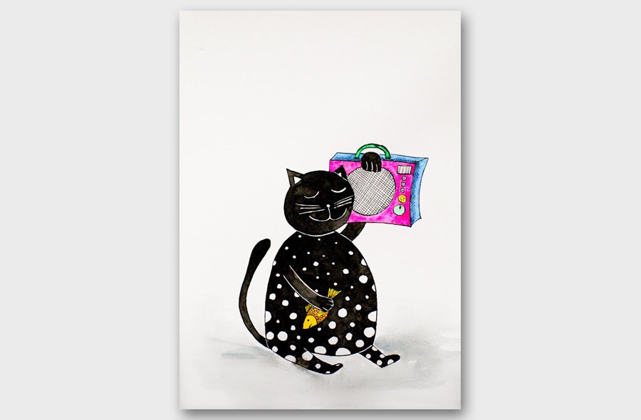 Cat illustration Original painting Black Kitty with radio music box Ink Watercolor drawing 12x8 for Home Nursery decor Kitten and music