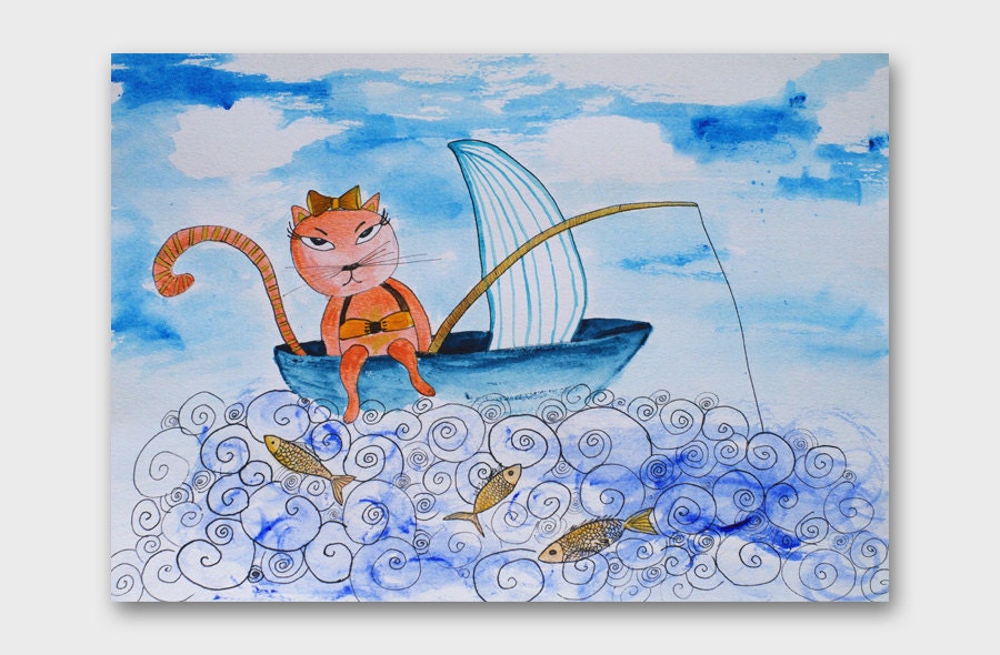 Nursery decor CAT painting FISHING kitty on the boat Funny sea watercolor drawing Animal art Kitten and golden fishes