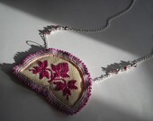 Textile jewelry, hand embroidery, crochet necklace, white, gray, lilac, pink, traditional Hungarian cross stitch motif