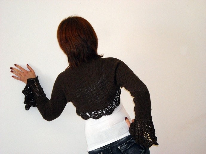 Hand knit crochet shrug bolero, brown cotton, long sleeved, Size  M ,crochet lace