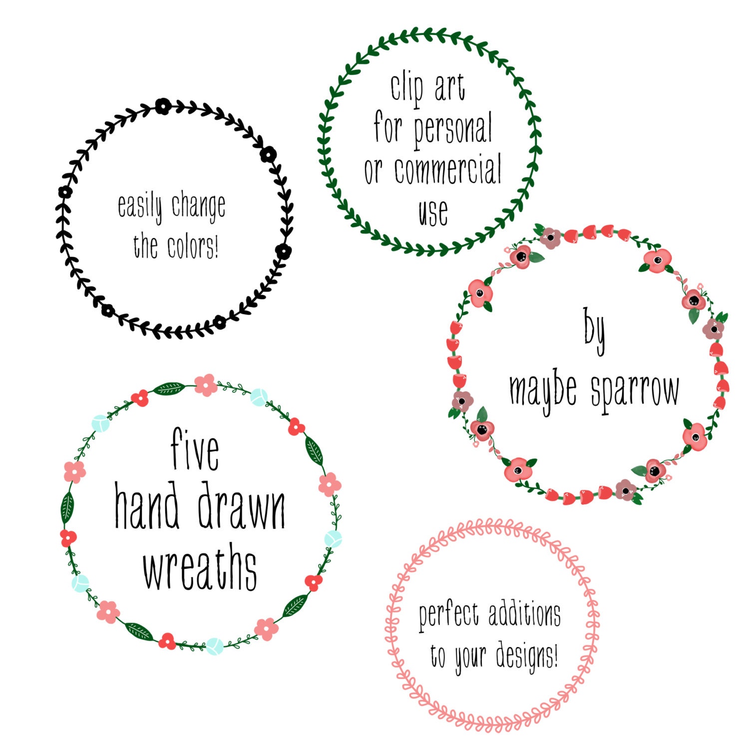 Hand Drawn Wreaths Clip Art - Instant Download  - personal or commercial use - pretty flowers - laurels - painted