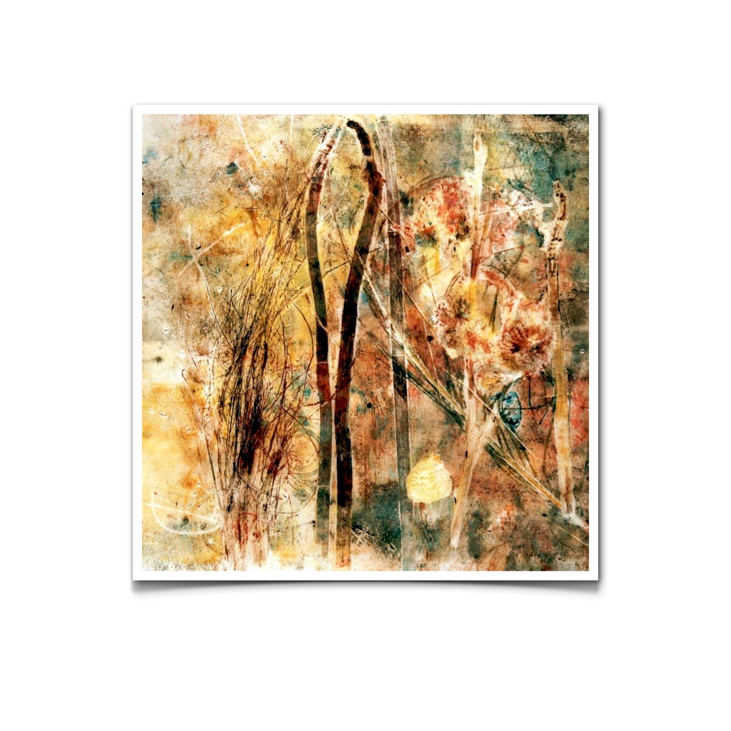 Abstract Floral Art - Print of original Art work 8x8 , yellow , ochres , brown, rust,green, grape