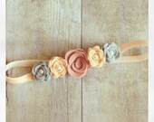 Sweet Pea--grey, peach and mauve pink wool felt blooming rose halo baby headband
