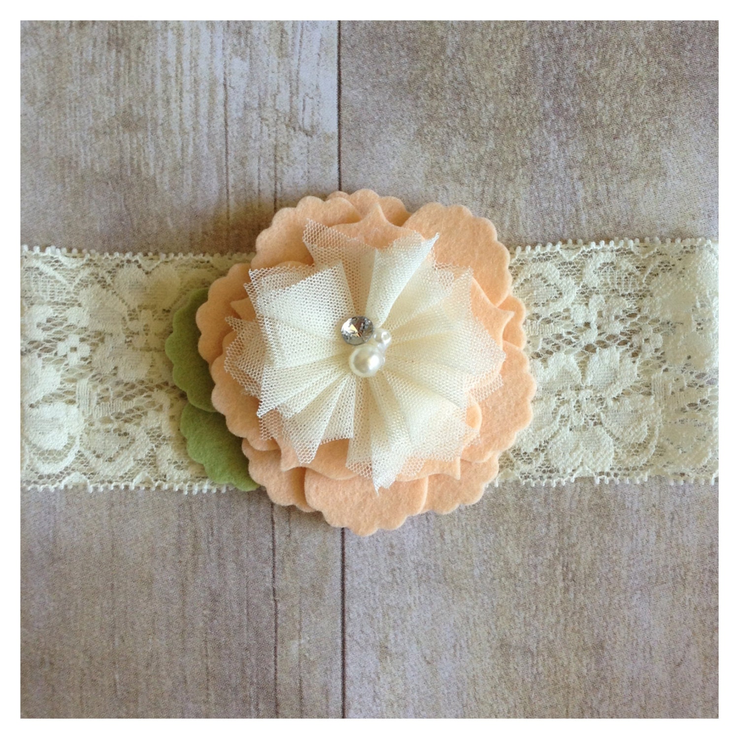 Sweet Pea-peach and cream wool felt and tulle flower lace headband