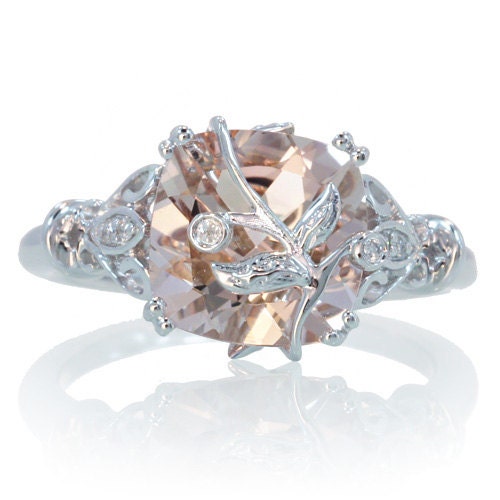 14K White Gold Cushion Cut Morganite Leaf and Vine Design Unique Custom Handmade One of A Kind Engagement Wedding Anniversary Bridal Ring