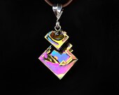 Two Corners, Necklace, Iridescent Bismuth Metal Crystal and Sterling Silver Pendant on Leather or rope chain, Jewelry