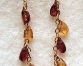 LONG Glorious GARNET and CITRINE Briolette Earrings on Fine 10k Yellow Gold Chain