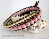 Beaded Leather Wrap Bracelet, Flower Petal Pink and Pearl, Boho Chic, Flirty, Mother's Day Gifts
