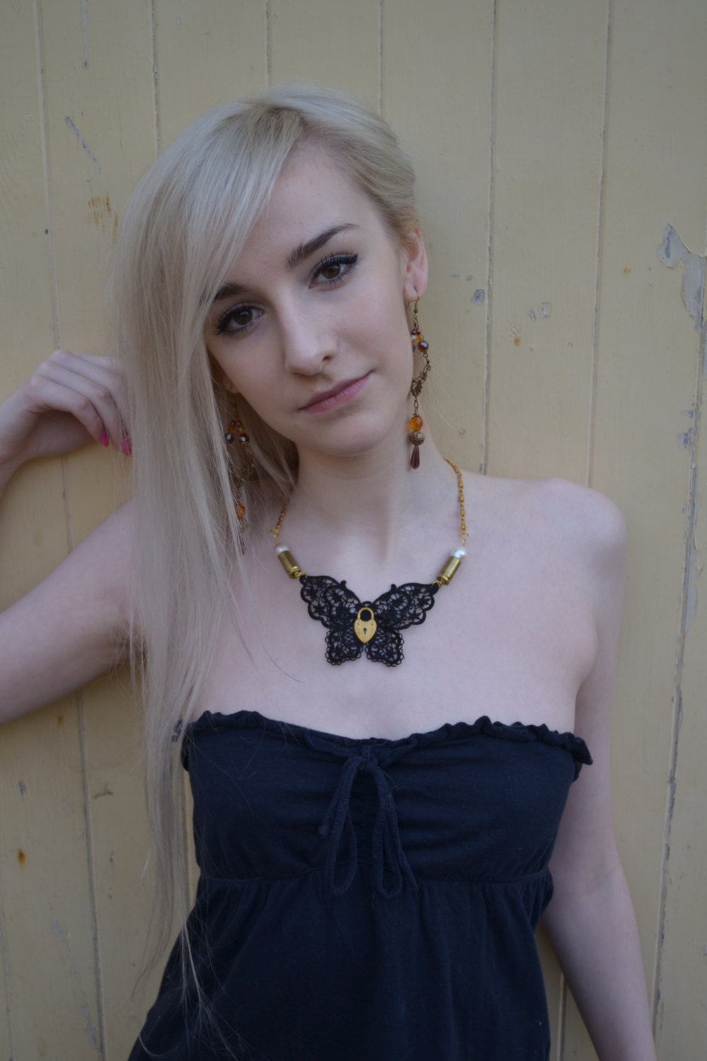 OOAK Handmade Victorian Gothic Steampunk Butterfly  Lace Applique Bib  Necklace