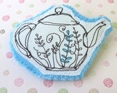 Teapot Felt Brooch,  Blue Tea Pin, Tea pot  Fabric Brooch