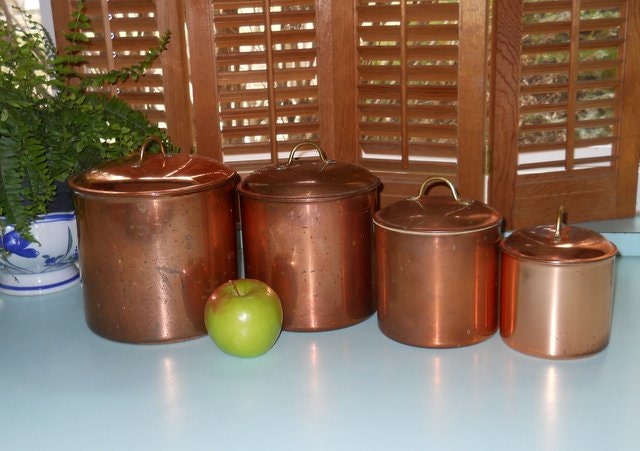 Vintage Stainless Steel Copper Plated Canisters Lids Patina Brass Lid Handles Flour Sugar Tea Coffee Cookies