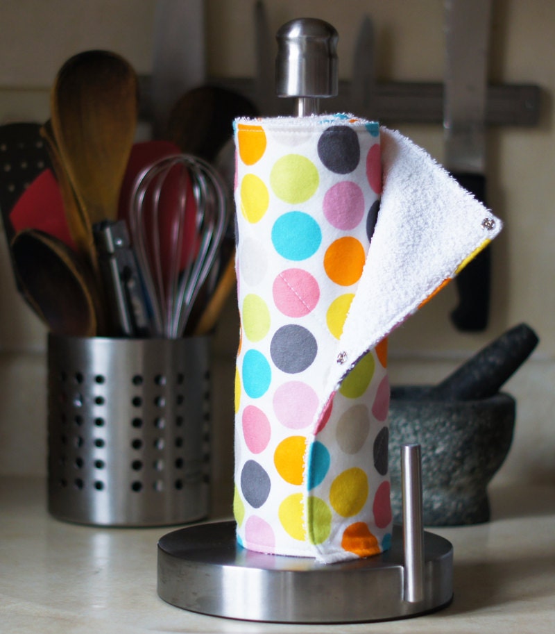READY TO SHIP - Reusable Snapping UnPaper Towels - Large Pastel Dots - Cotton and Terry Cloth - Eco Friendly