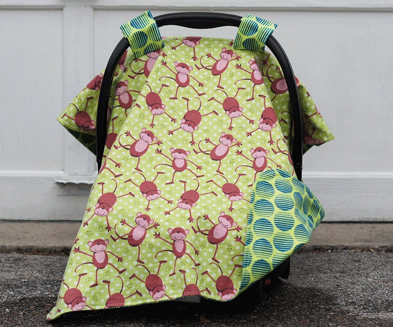 Baby Boy Infant Car Seat Tent/Canopy Cover in Super Soft Flannel - Monkey Play