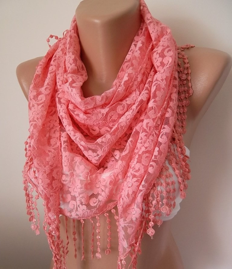 peach pink Elegant scarf  lace scarf  Headband - size large