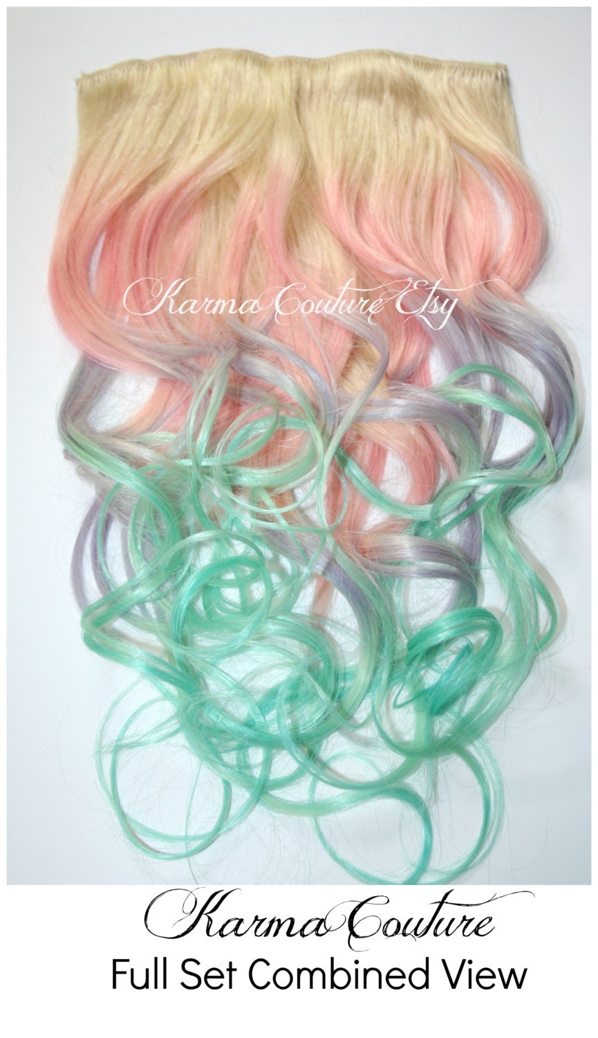 Pastel Color/Full Set 20" Long Clip-In Hair Extensions/ Beautiful Cotton Candy Pink, Lavender, Mint Green Ombre Dip Dye With Blonde Roots