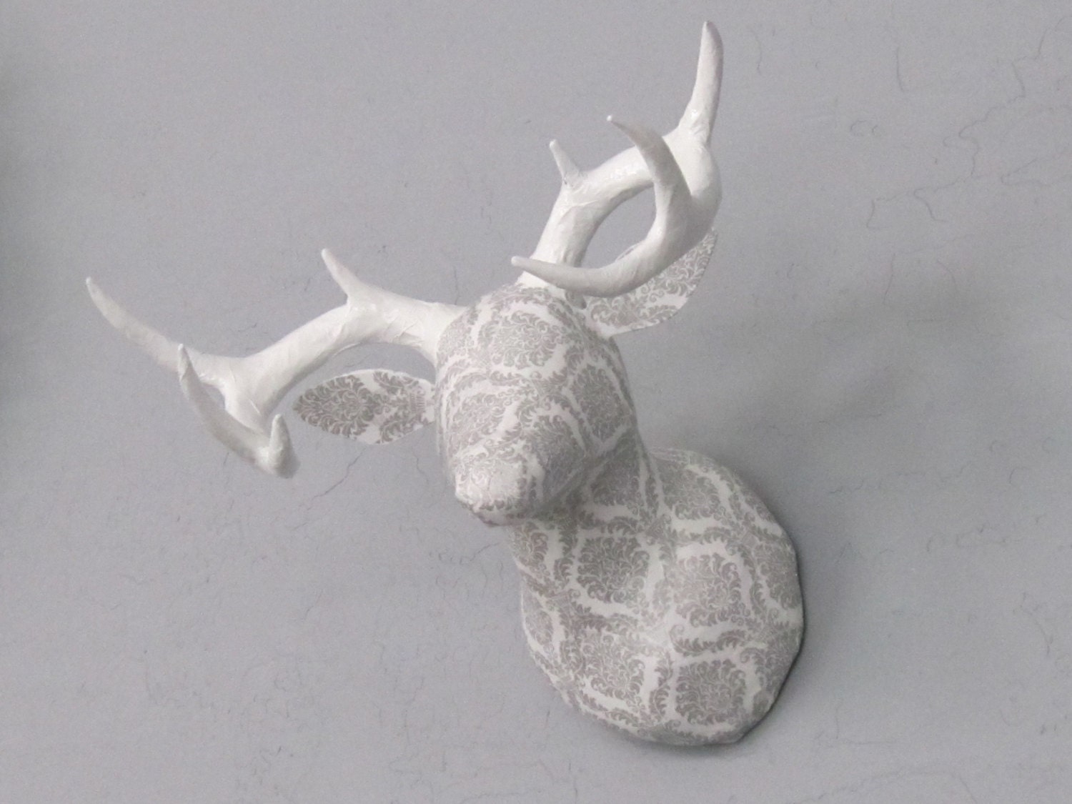 Faux Taxidermy Deer Head - Silver Damask with ivory antlers
