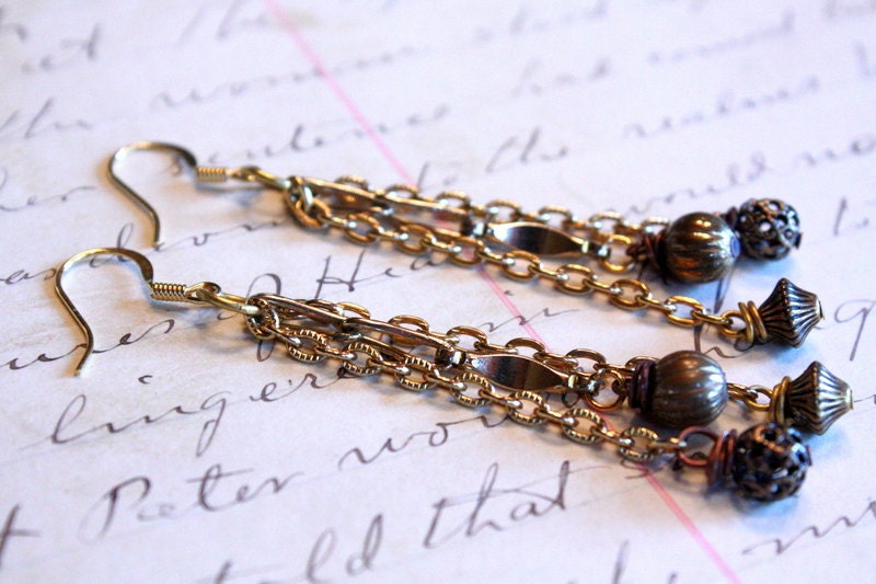 Upcycled Vintage Chain and Bead Chandelier Earrings with 14K Gold Plated Hoops