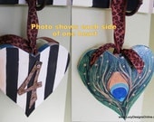 Hand made, hand painted wooden heart Valentines, ornament, stripes, number "4", peacock, 1 for 28 or 2 for 50