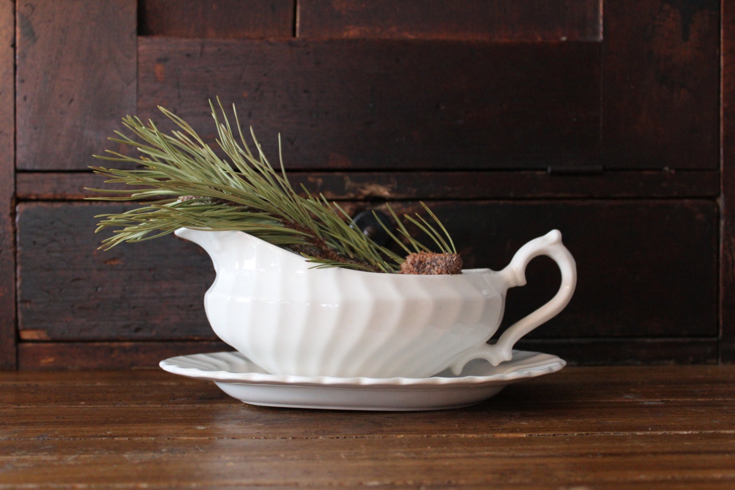 Ironstone Gravy Boat and Tray Staffordshire England Shabby Chic