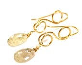 White Sapphire Earrings Gold Vermeil Loop Drop Rose Cut Wire Wrapped Gemstone Jewelry
