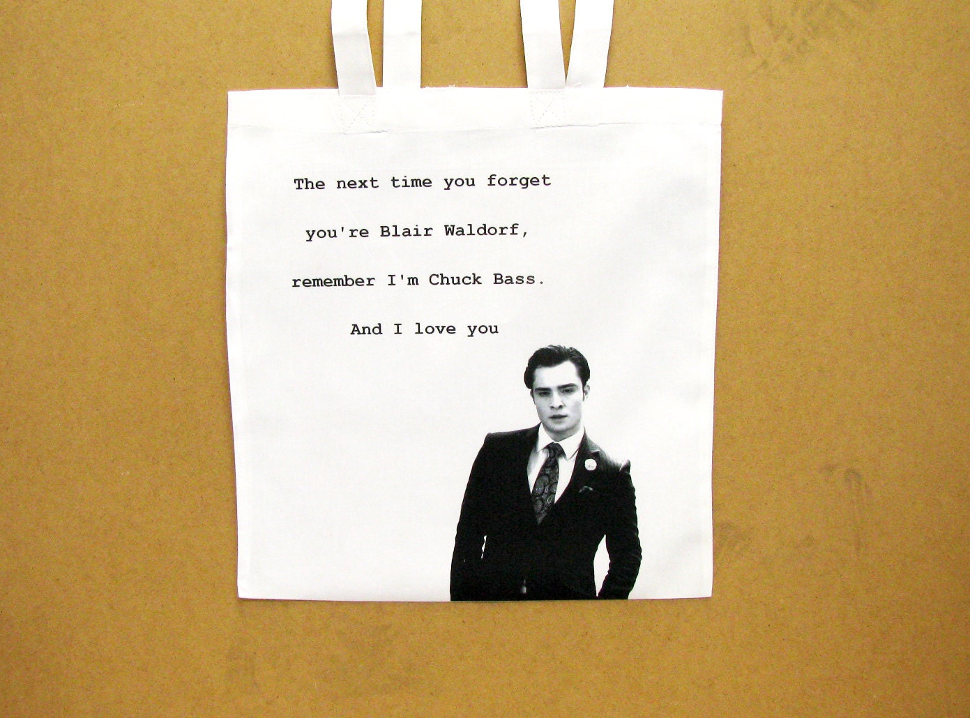 Chuck Bass shopping bag - Ed westwick - Gossip Girl - Blair Waldorf - I love you white cotton grocery tote - bad boy