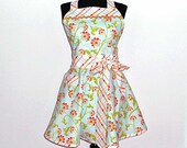 Retro inspired womens full bib apron with circle skirt- blue with tangerine floral cotton fabric-embroidered rick rack-one size fits most
