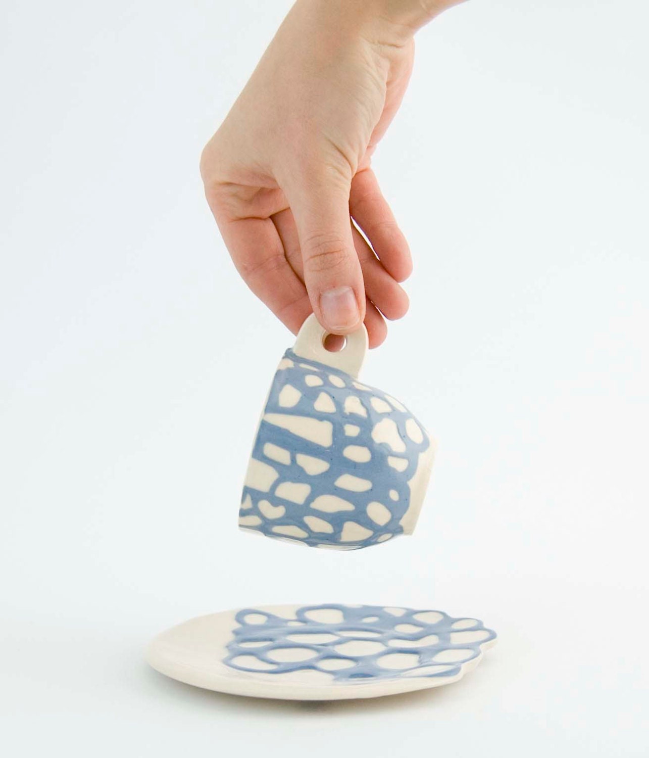 Ceramic stoneware cup saucer coffee tea espresso - unique handmade serving decorative textured kitchen pottery morning coffee - blue