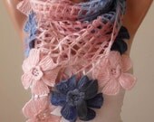 Mother's Day - Pink - Blue and Dark Blue Wool Crochet Scarf - Handknit - Winter Scarf