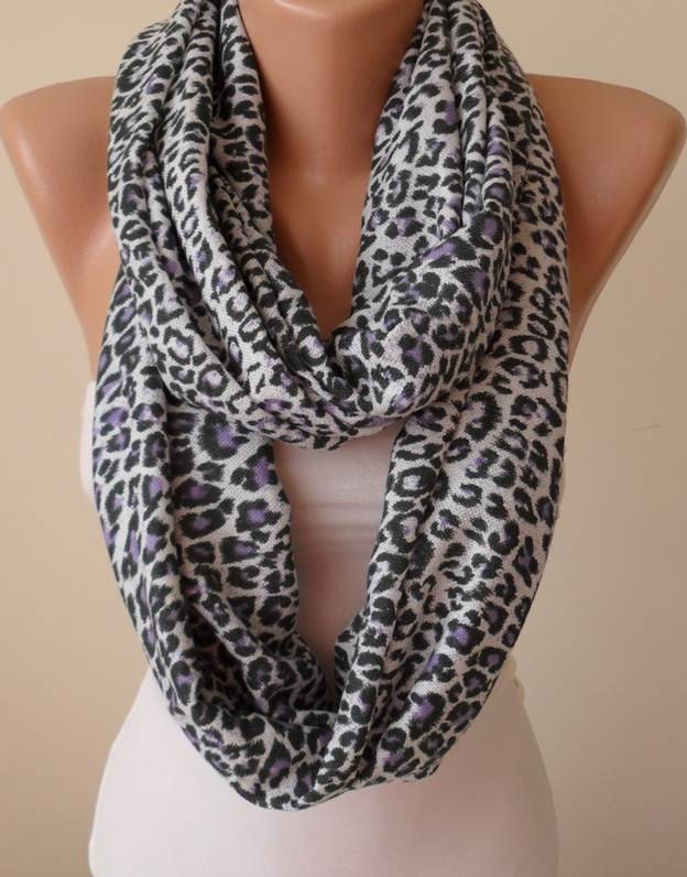 New - Mother's Day Gift - Gray and Purple Leopard  Infinity Scarf - Soft Cotton Fabric