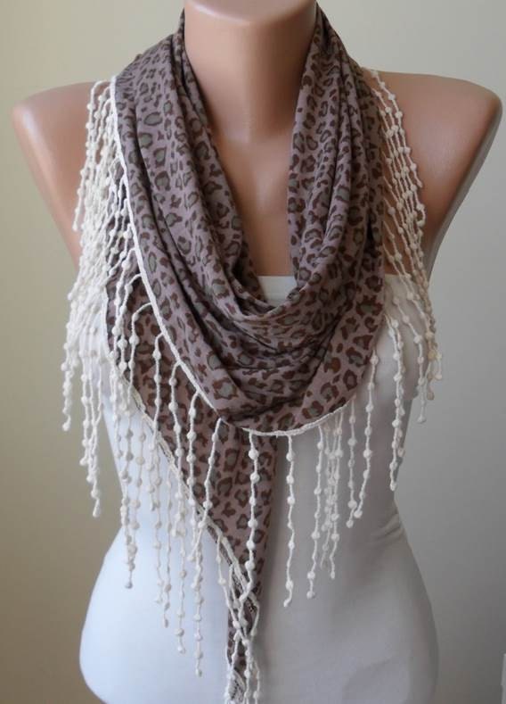 Triangular - Brown - Leopard Triangular Scarf with Cotton Trims Edge