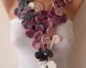 Crochet - Handknit flowered scarf - Lilac - Gray and Beige