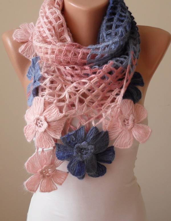 Mother's Day - Pink - Blue and Dark Blue Wool Crochet Scarf - Handknit - Winter Scarf