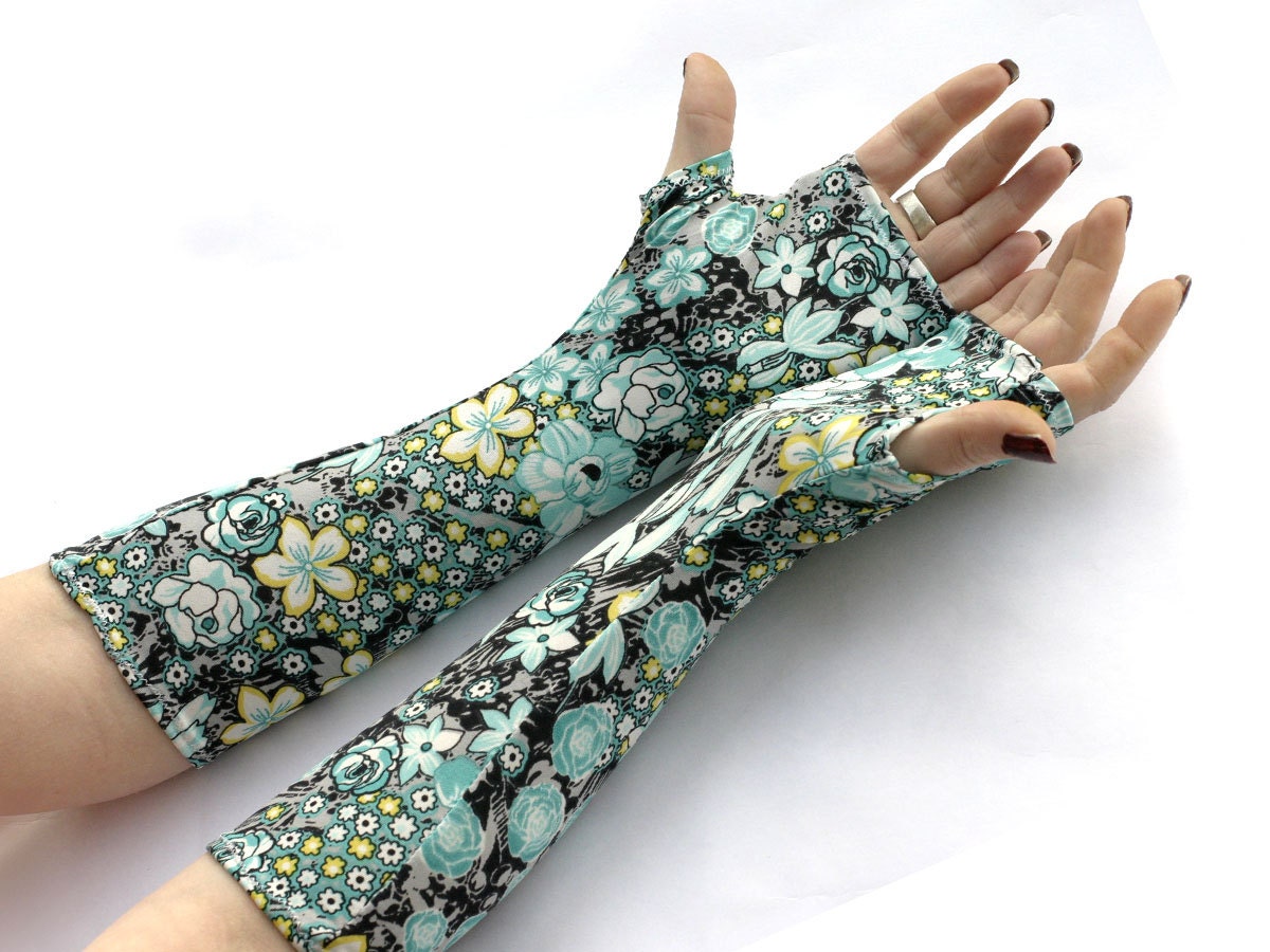 Flowers Garden - Blue and Black Fingerless gloves , Floral Soft Cotton - Yoga Gothic Belly Dance Fusion Light Goth Cycling