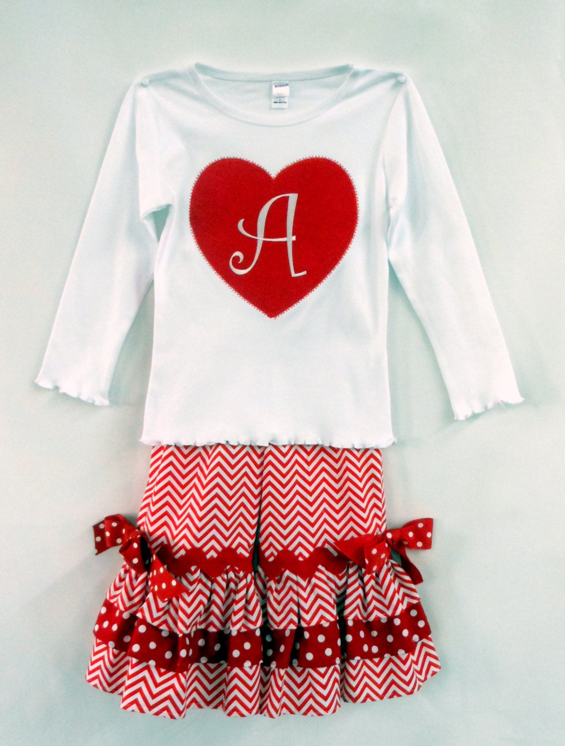 Immediate shipping for Valentine red girl chevron personalized heart applique Monag tee and ruffle pant or capri set.  All sizes available.