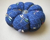 Pincushion - DRAGONFLY FABRIC. Great for a sewing gift - Round Pin cushion Double Sided dragonflies. Japanese Fabric.