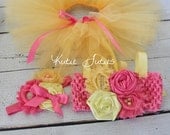 The Pink Lemonade Tutu, Top, & Headband- Pink and Yellow, Birthday, 1st birthday, Bikini,Girl, Newborn, Baby