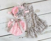 Cake Smash Set- Pink and Gray, Lace Diaper Cover, Headband, Leggings, Pink, bloomers, newborn, baby girl, toddler, birthday, cake smash