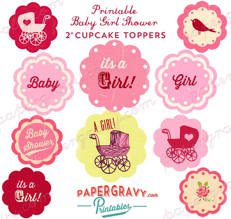 DIY Printable baby Girl shower cupcake toppers Vintage Tea Party Cake decorations Il_170x135