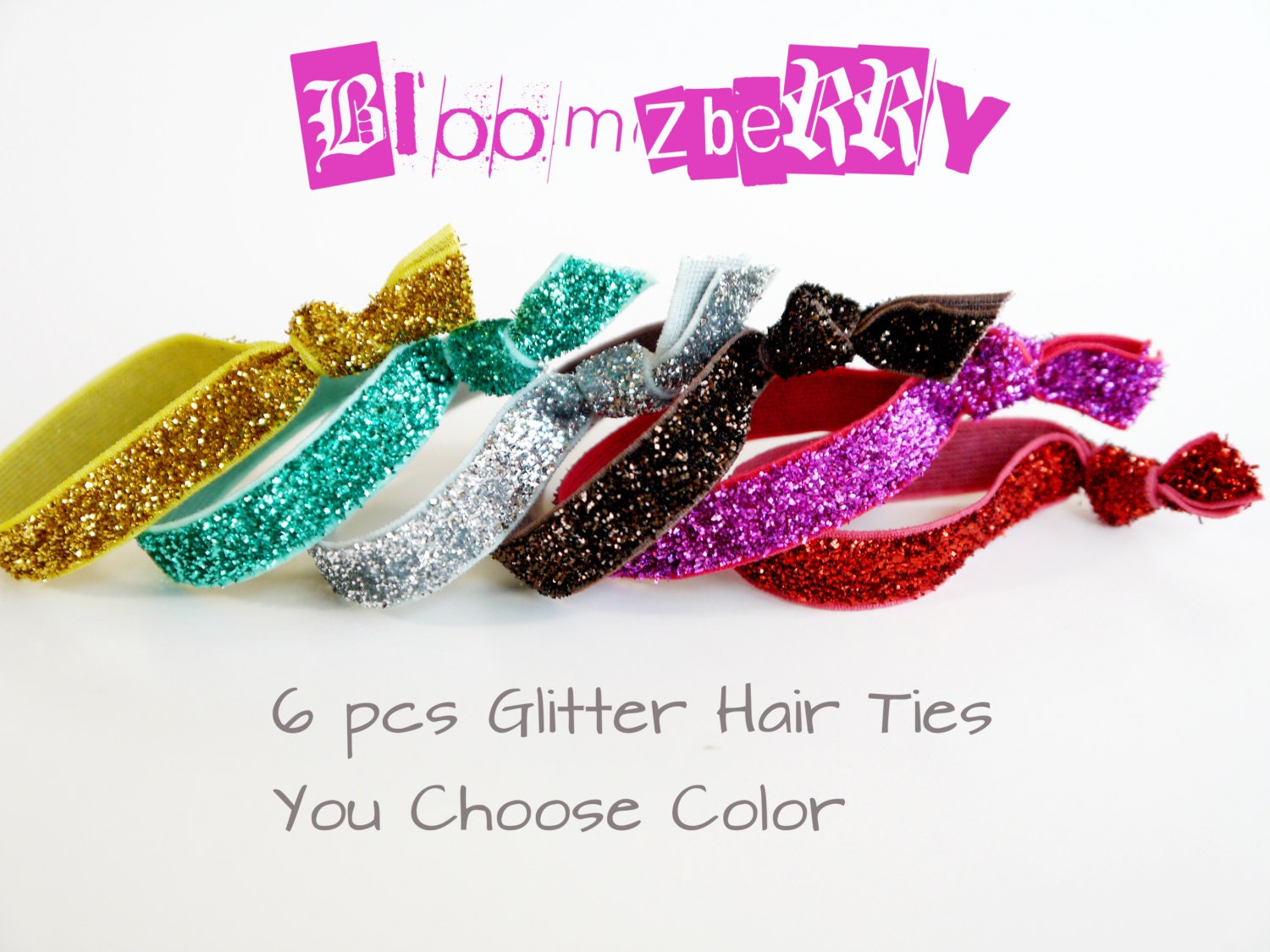 6 pcs Glitter Elastic Knotted Hair Ties - Assorted Color - You Choose Color -18 Colors Available -Toddler to Adult