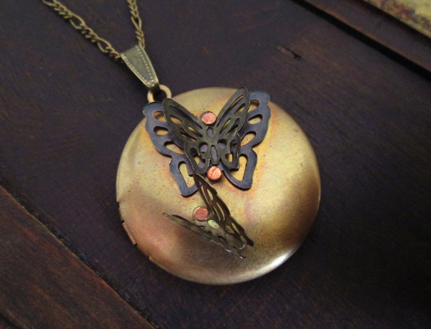 Filigree Butterfly Locket Steampunk Necklace - Hand Riveted